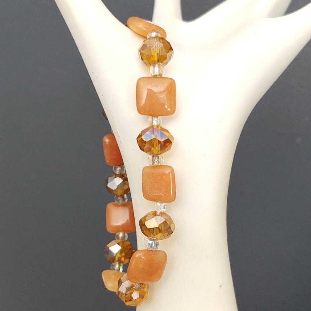 Orange stone and faceted glass stretch beaded bracelet